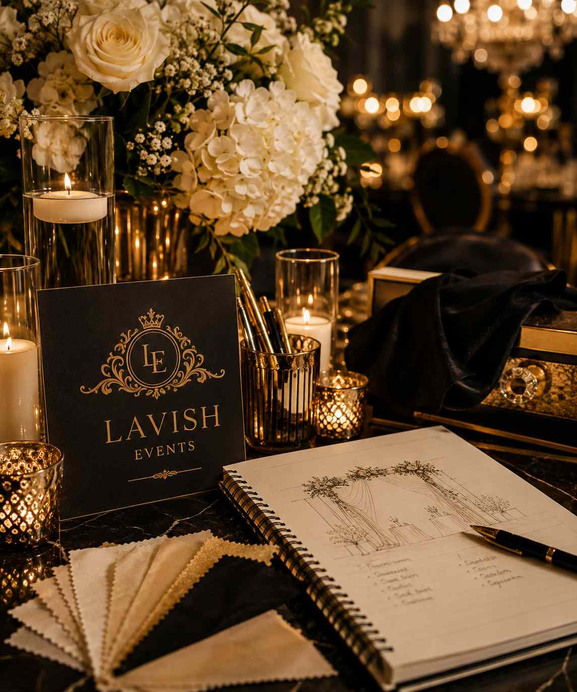 Elegant event setup with gold candelabras and floral centrepieces