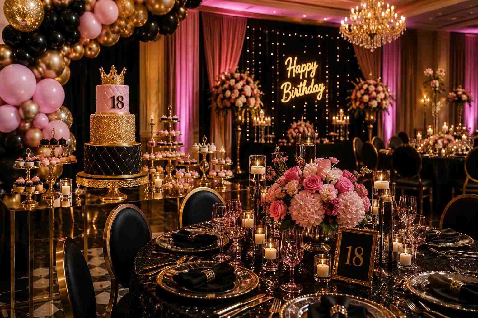 Luxury birthday celebration with gold balloon arrangements and dessert table