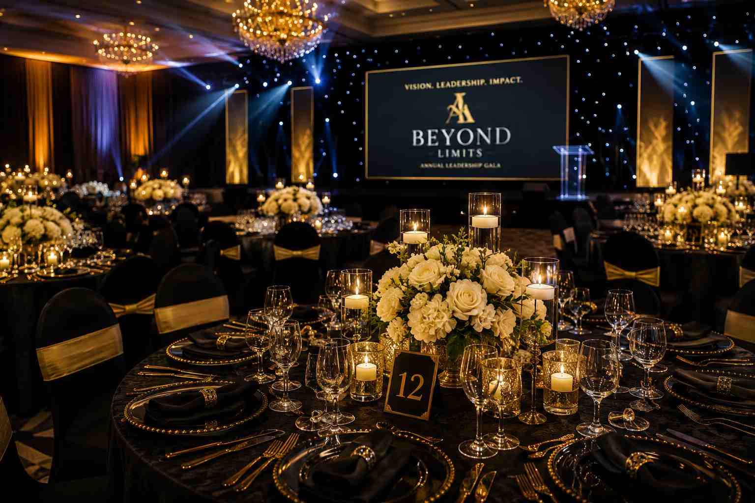 Corporate gala event with elegant table settings and ambient lighting
