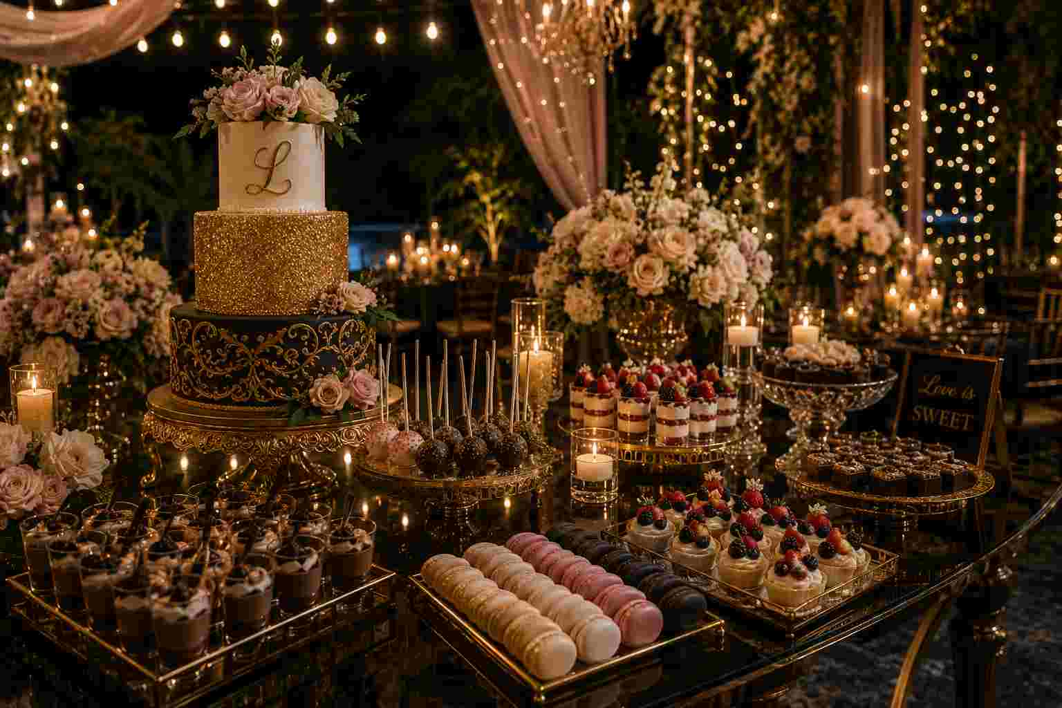 Styled dessert table with macarons, cakes, and florals in gold and ivory