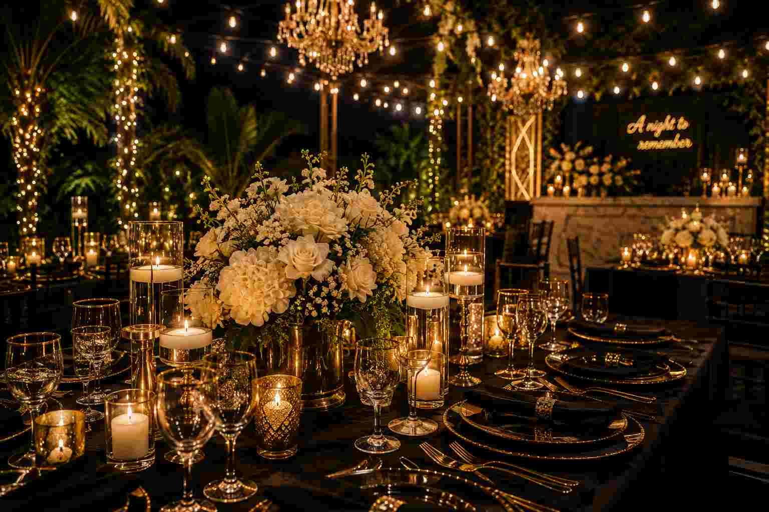 Elegant dinner party table setting with gold cutlery and candles