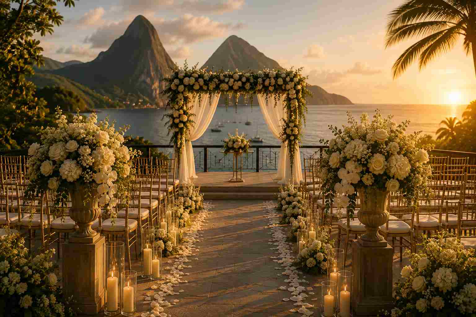 Intimate outdoor wedding ceremony with white floral arch and rose petals