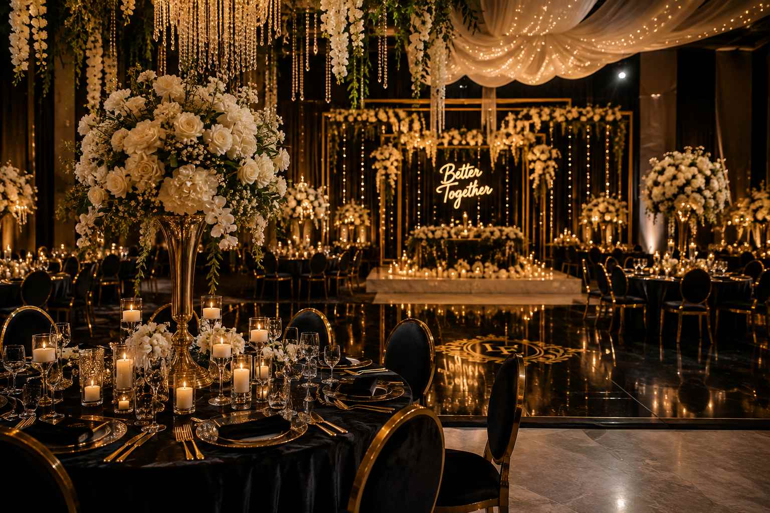 Grand wedding reception hall with gold floral archway and chandelier lighting