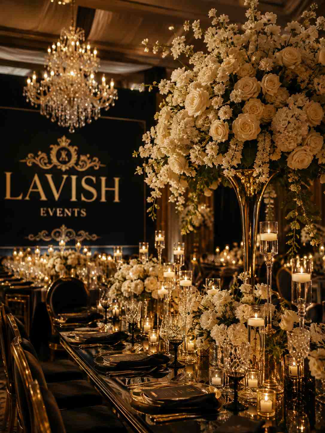 Elegant wedding reception with gold floral arrangements and candlelight