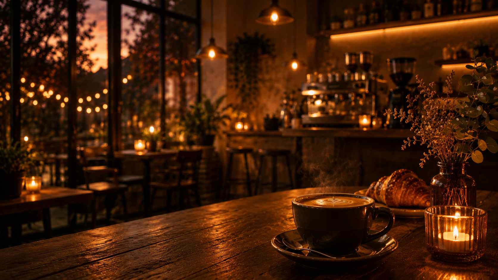 Velour Café glowing at evening